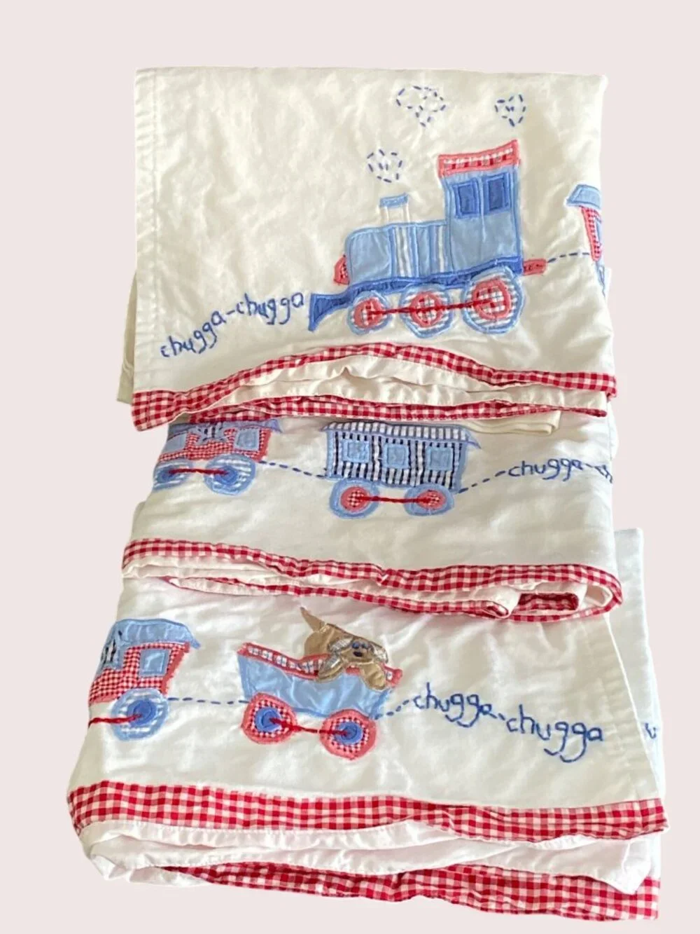Pottery Barn Train Chugga Dog Kid Quilted Valance Lined Cotton Red Gingham